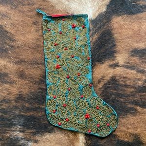 NOS Holly Design Christmas Stocking, Green Satin, Gold and Red Beads